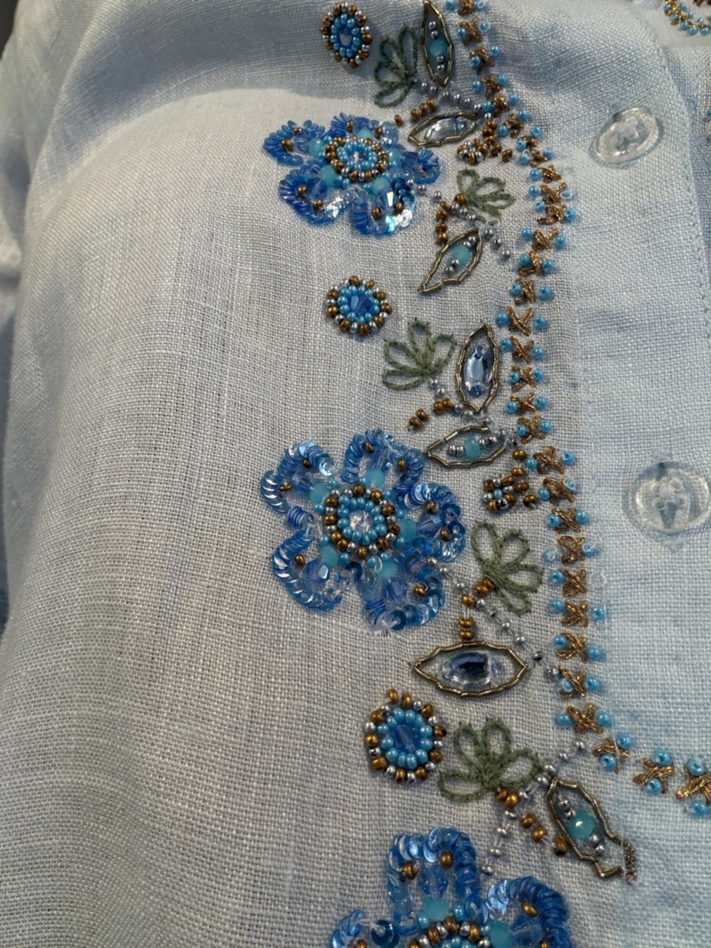 Hand beaded 100% linen button down with blue and turquoise beading, size Large - Picture 6 of 6